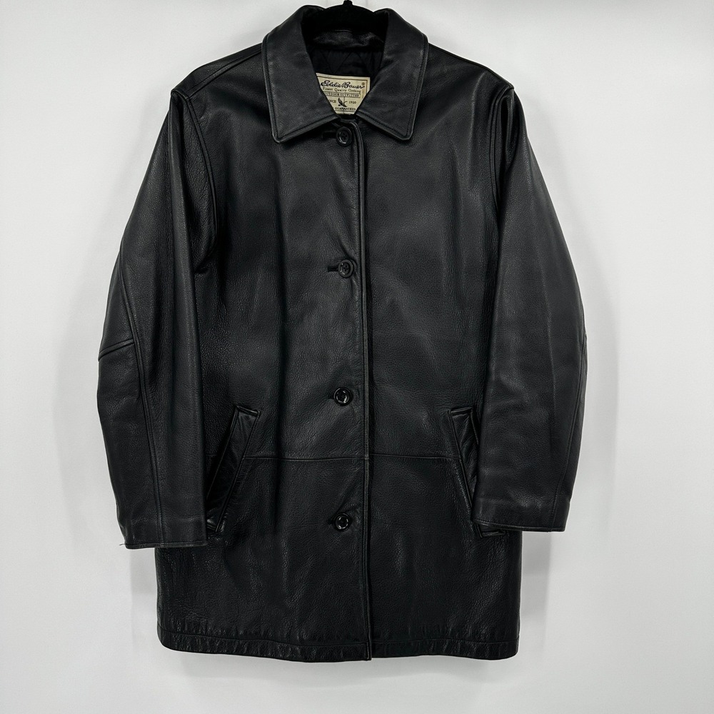 Eddie Bauer Womens Black Leather Quilted Lined Jacket Coat Outfitters Size Large